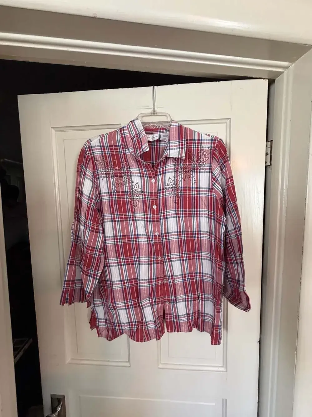 Alfred Dunner Women's Red and White Plaid 3/4 Sleeve Button-Down Top with Floral